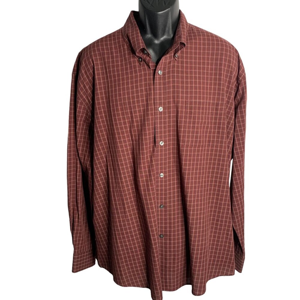 Van Heusen Button Down Long Sleeve Shirt XXL Maroon Red Checkered Chest Pocket